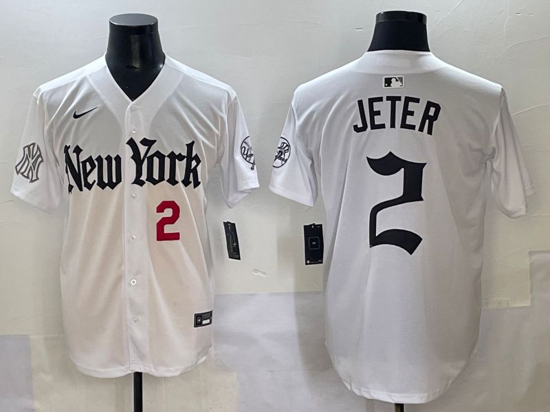 Men 2025 New York Yankees #2 Jeter White Five generations Joint Name Nike MLB Jersey style 4